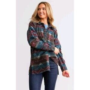 BKE Boyfriend Style Aztec Western Plaid Shirt Medium Side Slits